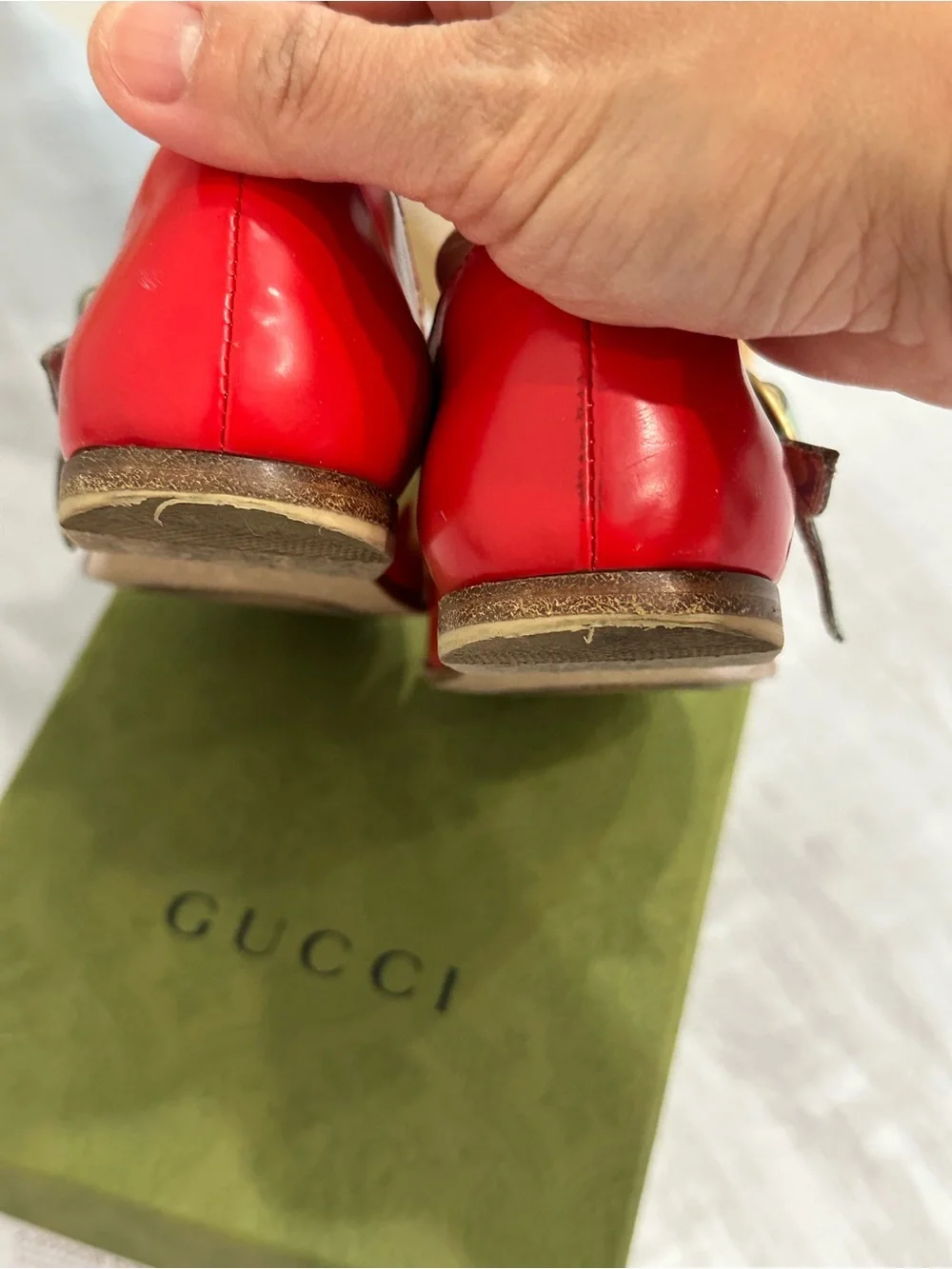 Gucci Red Leather Mary Jane Flats with Light Blue Straps